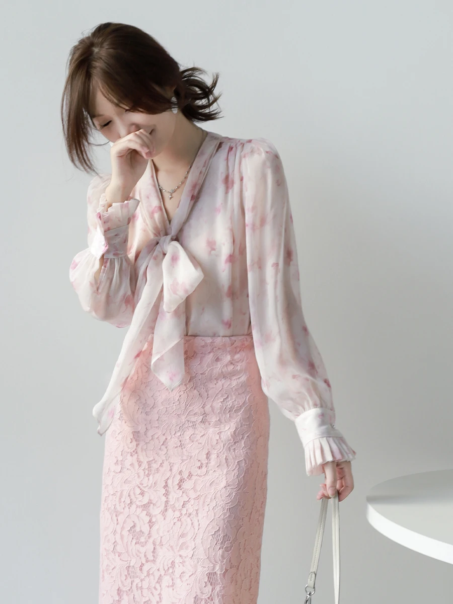 

Ele MZOMXO Silk Long Sve irts Красиво окрашенные в черниле Faionable Design для женщин Кружевные топы свободного покроя для поездок на работу