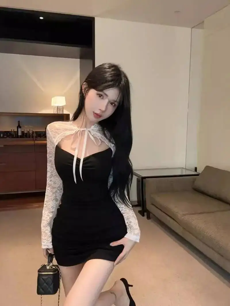 Koreańska seksowna koronkowa sukienka z wycięciami, sznurowana, prześwitująca, z długim rękawem, dopasowana, z efektem modelowania talii i bioder, krótka sukienka PH4T