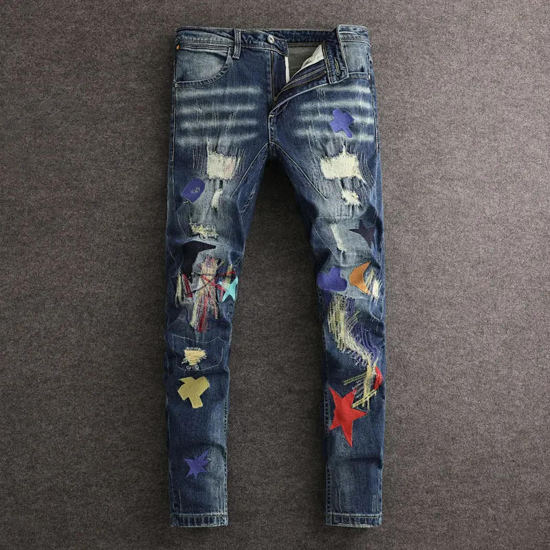 Fashionable men's jeans, high-quality vintage washed blue stretch slim slit jeans, vintage sticker embroidered pants, hombre