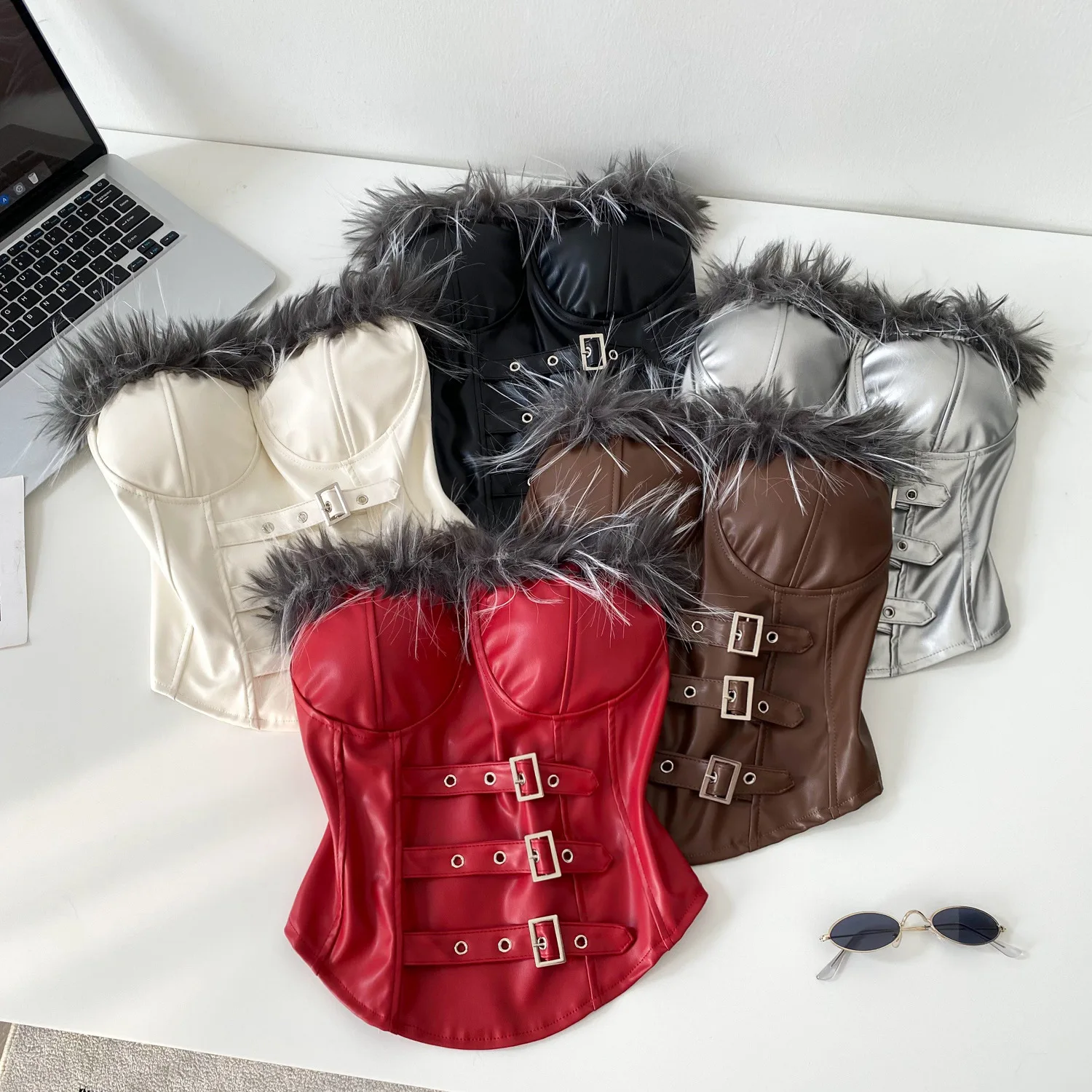 

Women Fur Spliced Tanks Leather Strapless Skinny Sleeveless Buttoned Waist Cinched Slim Fit Y2K Streetwear Casual 2025 Summer