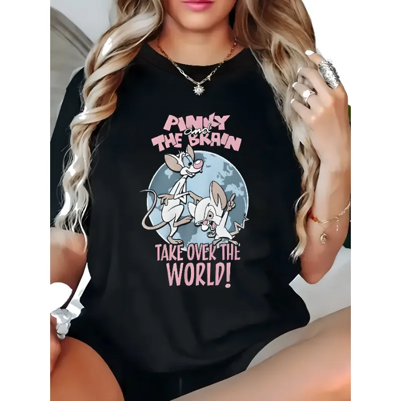 

Women's Pinky and The Brain "Take Over The World" Cartoon Print Large Black Short Sleeve T-shirt Casual Loose Y2K Women's Top