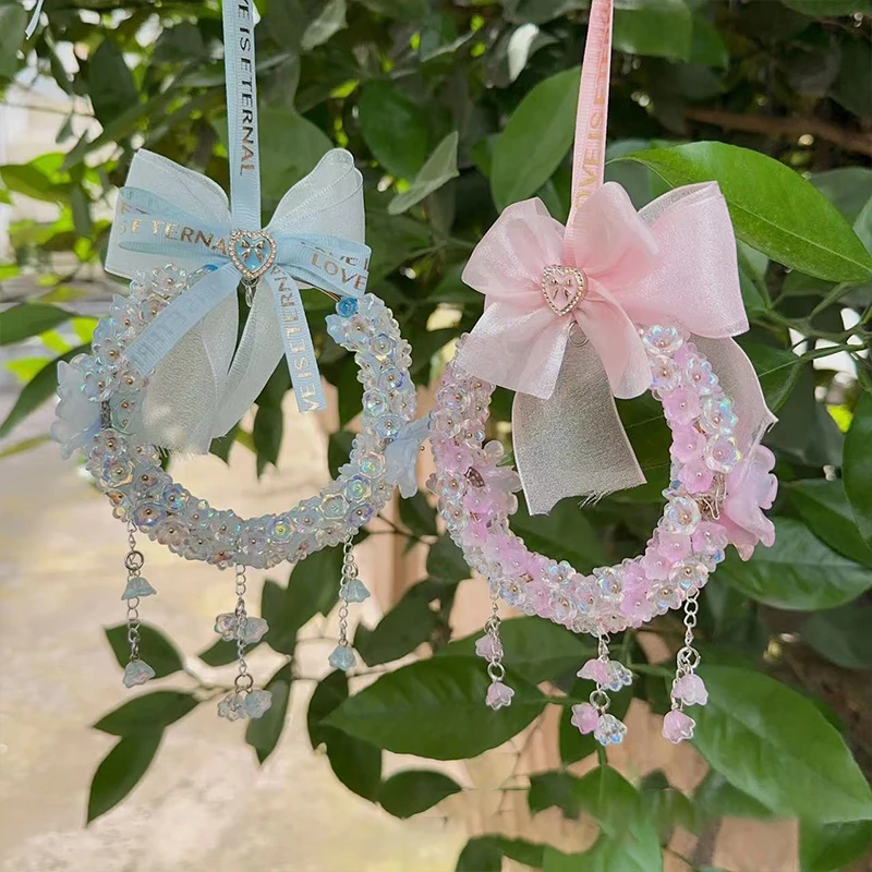 

Color Round Ring Shape Acrylic Pendant Lucky Flower Bowknot Charms Wind Chime Hanging Car Rear View Mirror Home Car Decor
