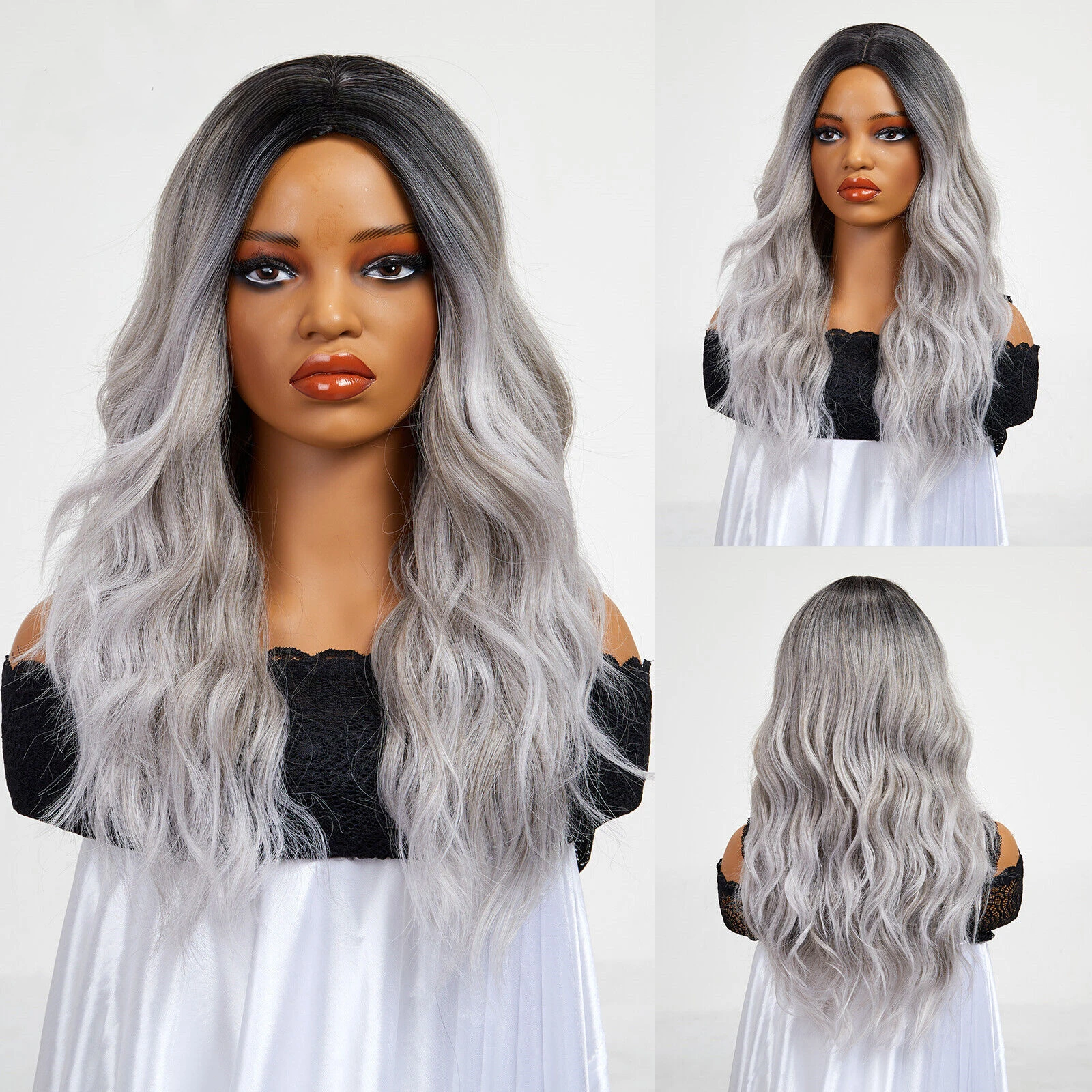 

Long Ombre Dark Root to Gray Wigs Wavy Synthetic Wigs