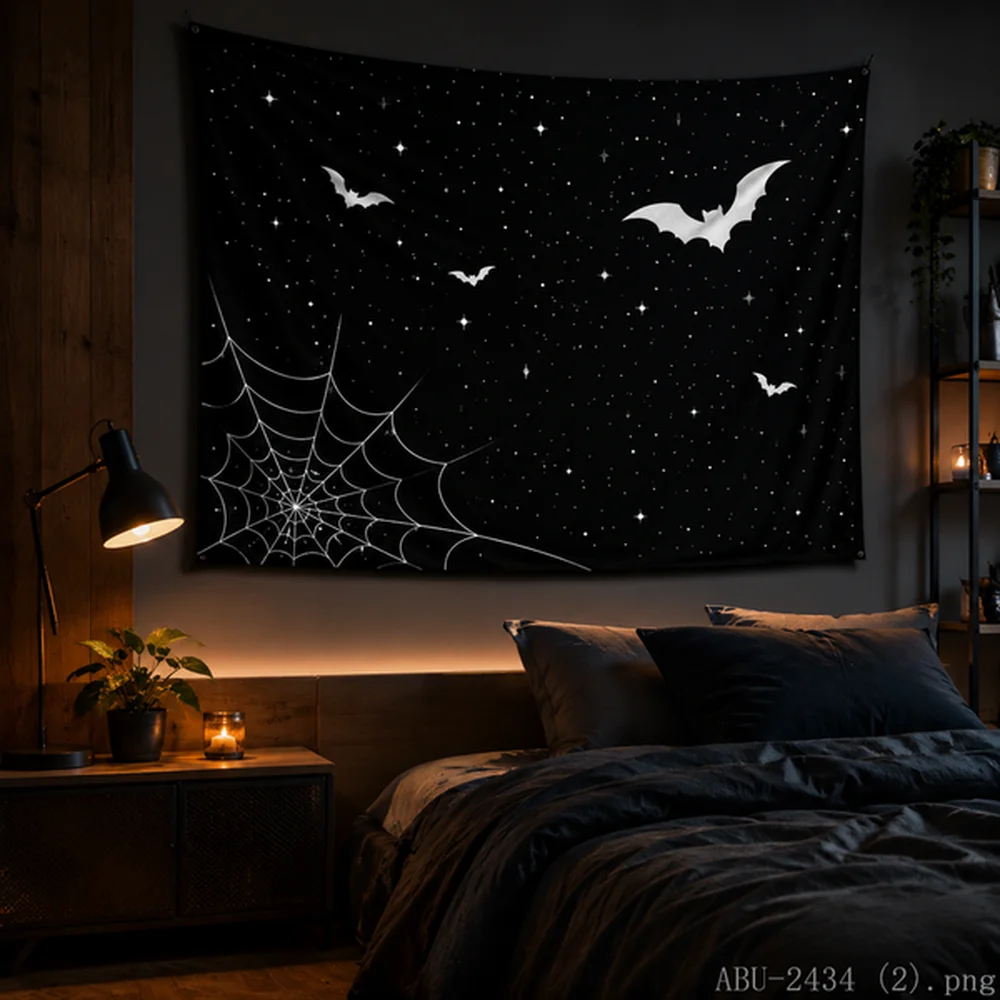 VIKAMA Halloween Tapestry – Kawaii Bats, Crescent Moon, Stars, Spider Web, Purple Night, Cute Room Decor