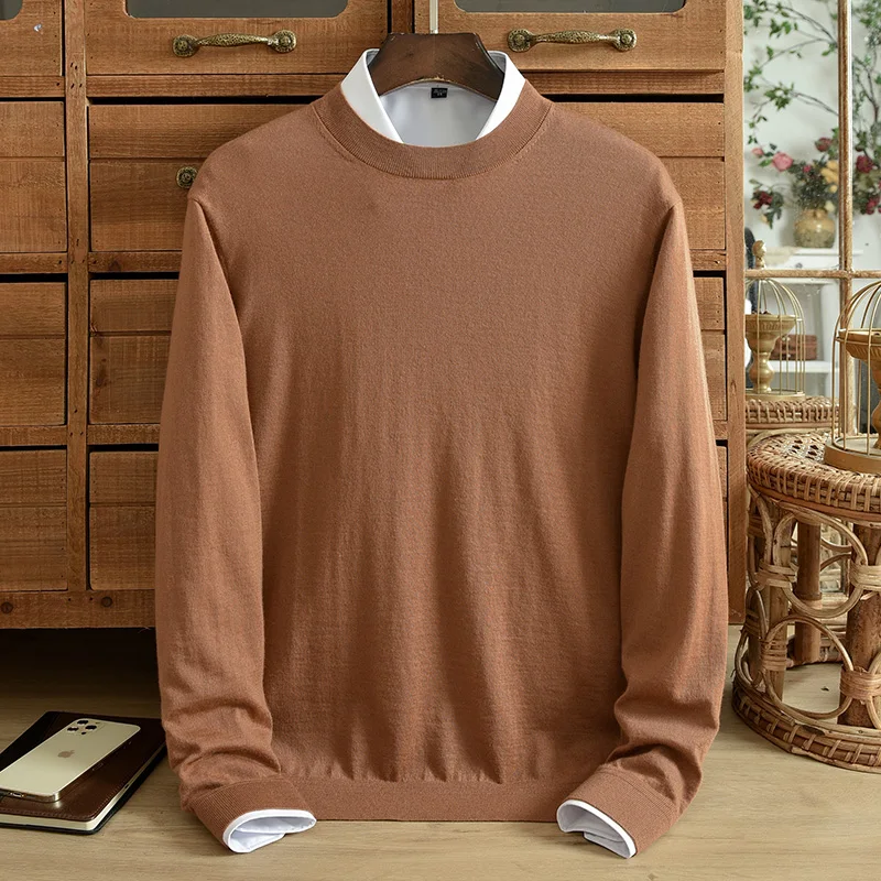 Autumn men's pure cashmere sweater worsted thin bottom shirt round neck Korean version slim knit sweater business casual warm