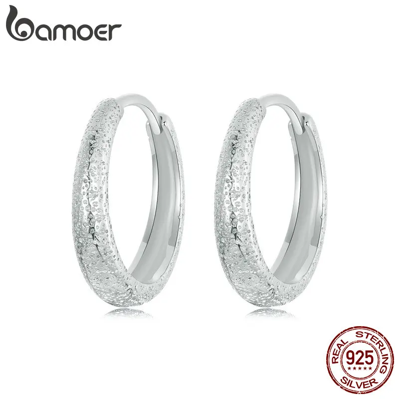 BAMOER 925 Sterling Silver Simple Crater Texture Ear Buckles Small Dots Hoop Earrings for Women Daily Wearing Fine Jewelry