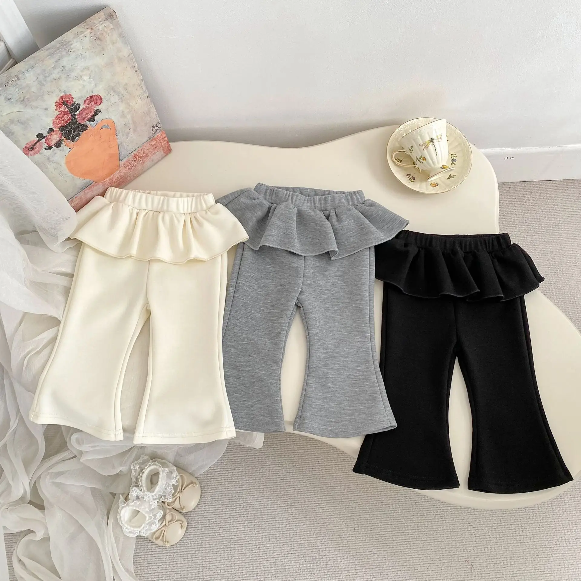 

9M-5T Girls Pants Brief Style Girls Trousers Ruffle Waist Pants For Girls Casual Kids Flare Trousers