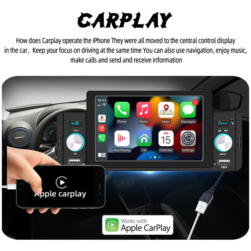 Car Multimedia Player 1 DIN 5 Inch Android Auto/Carplay MP5 Bluetooth Mirror Link Accessories Dual USB/Knob IPS Touch Screen