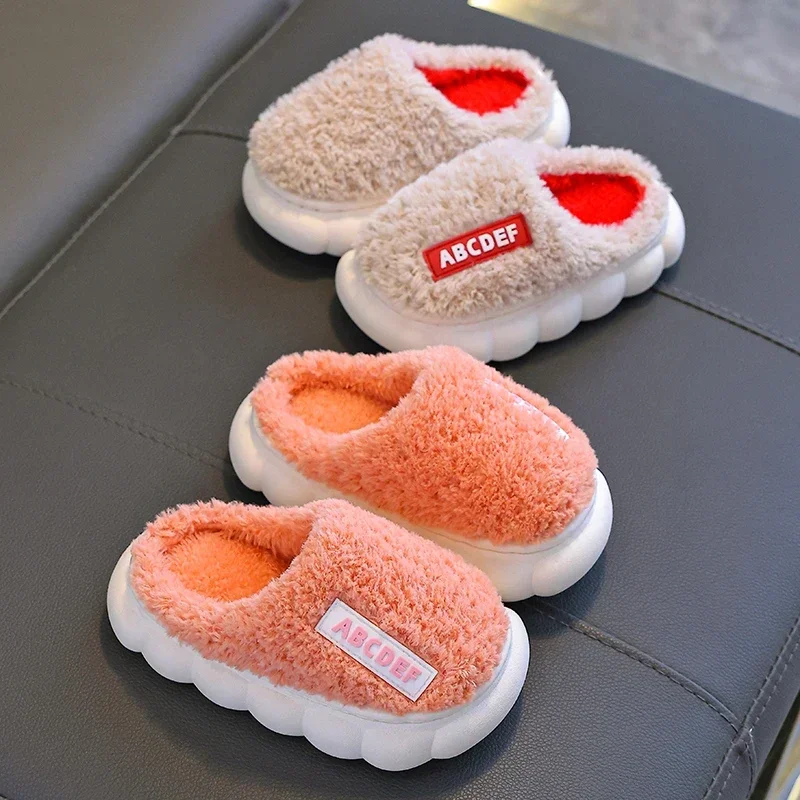 Fashion Concise Winter Warm Indoor Closed-toe Mule Soft Non-slip Kids Fluffy Slippers For Girls Boys Children Home Cotton Shoes