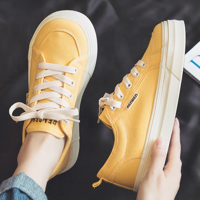 Women's Casual Canvas Shoes Yellow round Toe Thick Bottom Breathable Soft Sole Comfortable Student Shoes Korean Style