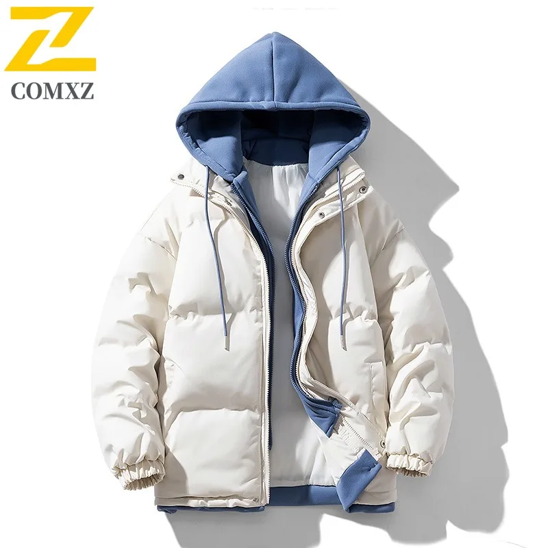 COMXZ Padding Coat Fake Two Piece Design Hood Camping Windproof Parka Loose Thickened Cold Protection Autumn Winter Trench Coat