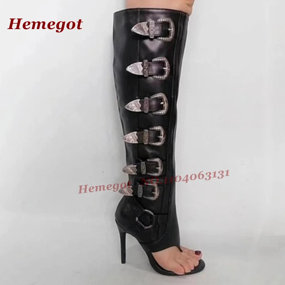 Clip-Toe Multi-Buckled Sandals Black Patchwork Thin Heels Side Zipper Women's Sandals Summer 2026 New Stiletto Concise Shoes