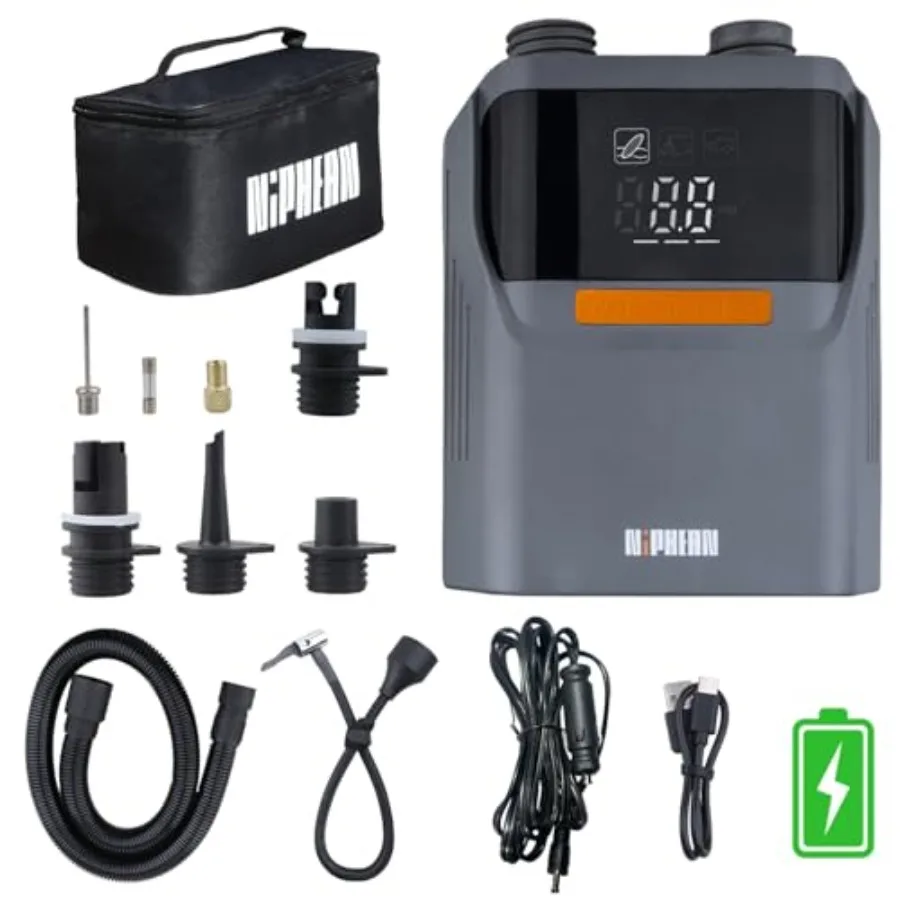 

Электрический перезаряжаемый насос со встроенным аккумулятором для SUP-досок, автомобильных шин, палаток, шаров - 50 PSI, автоматическое отключение при накачивании и сдувании