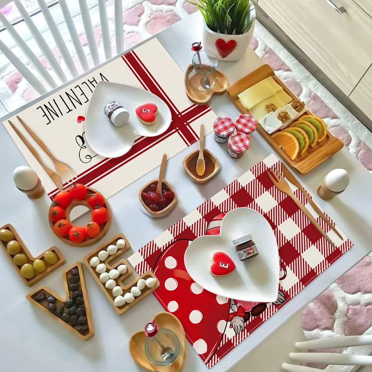 1pc/4pcs/6pcs Romantic Valentine's Day Wedding Meal Mat 4-piece Set, Grid Dwarf Blessing Printed Decorative Meal Mat 12 x 18 inc