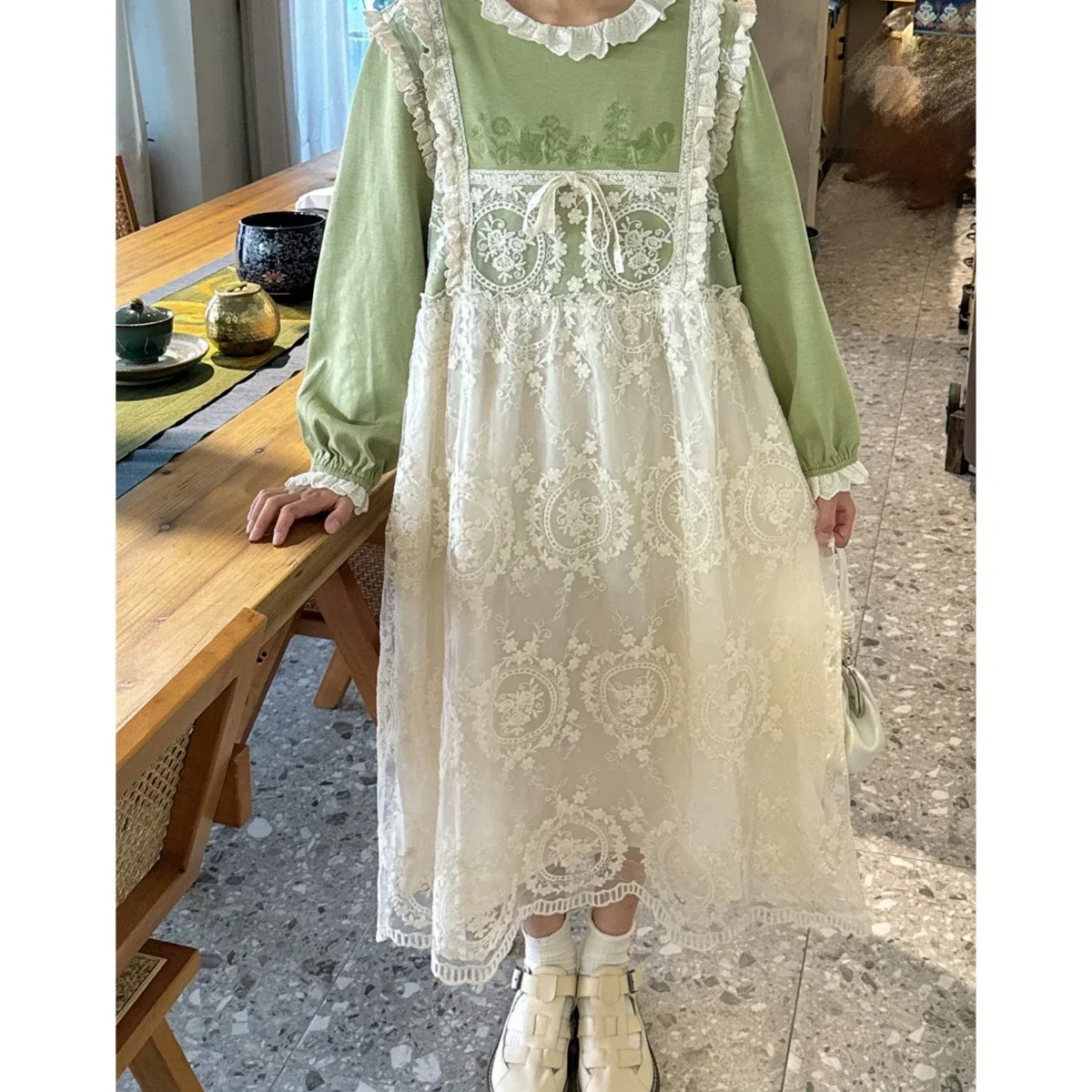 

Kawaii Cute Lace Cover Cotton Patchwork Long Sleeve Victorian Midi Dress for Women Vintage Rococo Retro Mori Girl Long Dress