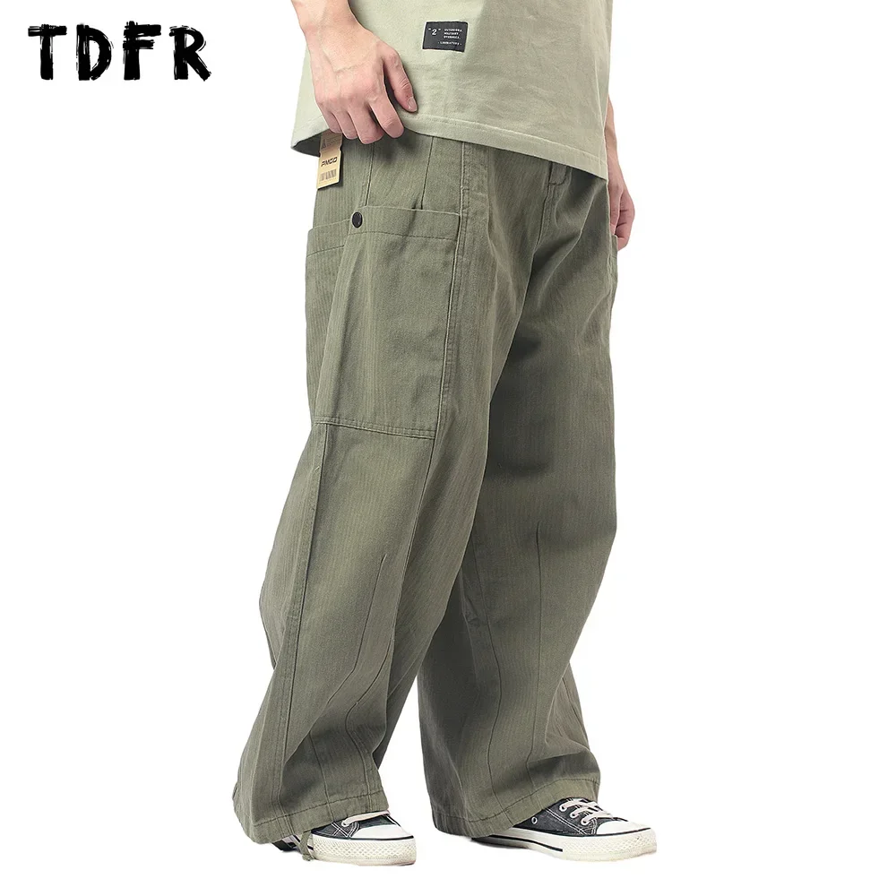 Multi-Pocket Cargo Pants Mens Safari Style Solid Color Casual Pants Loose Drawstring Wide Leg Pants Men Trousers