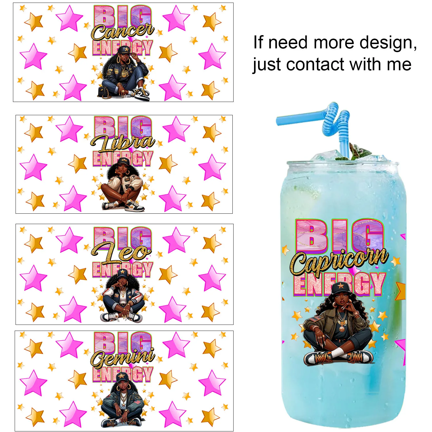 Black women Zodiac signs UVDTF Sticker Party DIY Decals 3D transfers uvdtf tumbler seal stickers 16oz uv dtf cup wraps
