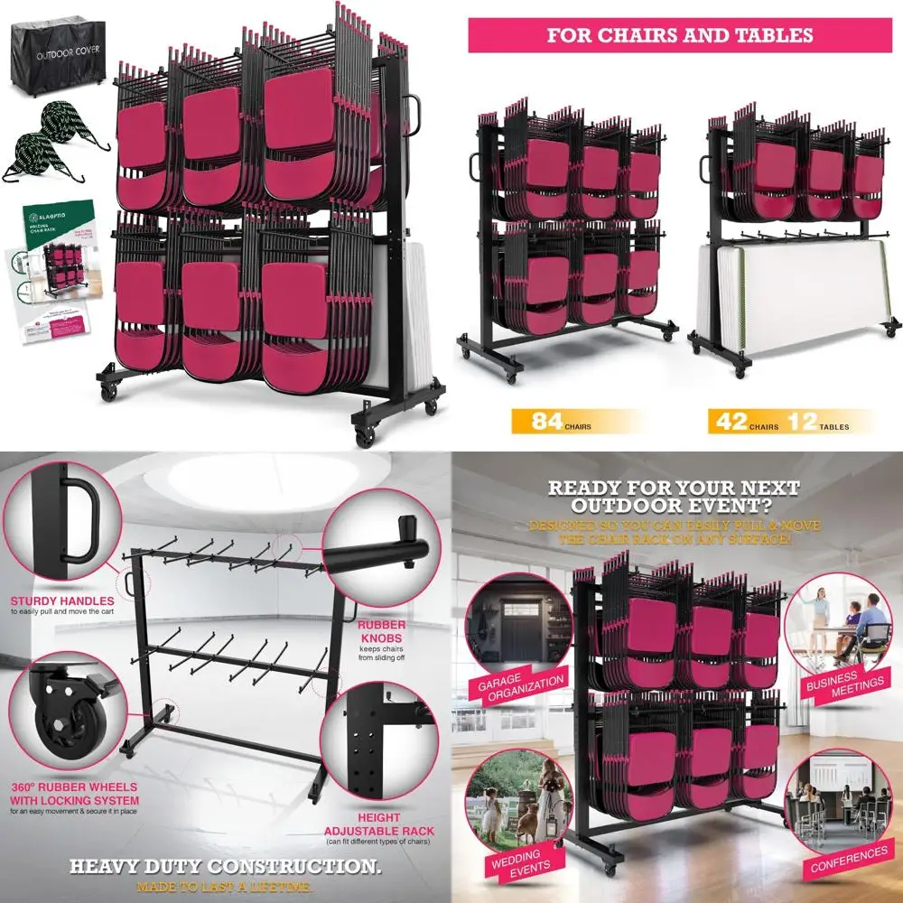 عربة تخزين للكرسي والطاولة قابلة للطي شديدة التحمل بعجلات، تحمل 84 كرسيًا أو 12 طاولة تصل إلى 900 رطلاً #1