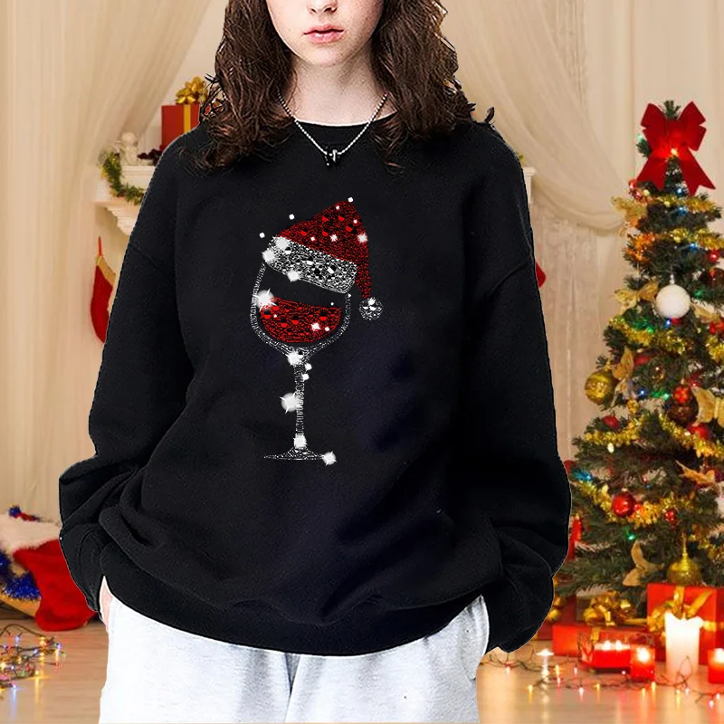 Christmas Wine Glasses Pullover Women's Casual Loose Round Neck Sweatshirt Wine Glasses Tops Women's