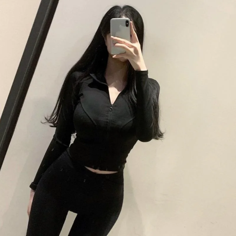 Korean Style Fashion Solid Color Yoga Coat Sexy Sweet Girl Zipper Stand Up Neck Slim Fit Appear Thin Elastic Top For Women SI8S