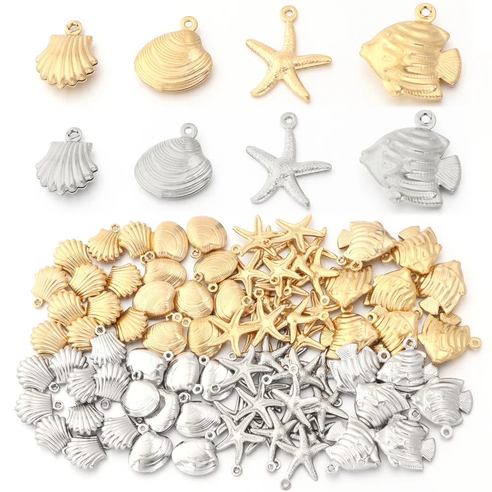 5-10Pcs Stainless Steel Small Pendant Golden Starfish Shell Shape Charm Pendant For DIY Exquisite Necklace Earrings Accessories