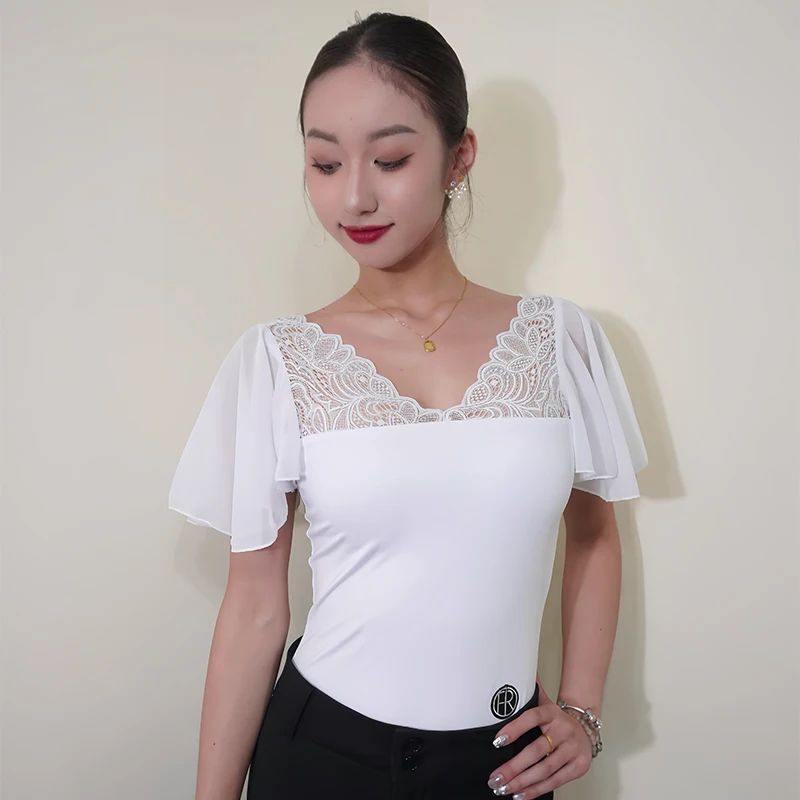 New White Lace Ballroom Dance Tops V Neck Leotards Adult Short Sleeves Practice Clothes Waltz Dance Performance Costume DNV21066