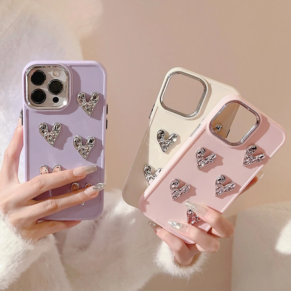 Luxury 3D Silver Love Heart Silicone Phone Case For iPhone 14 Pro Max Plus 11 12 13 Promax 12Pro XSMax XR Soft Cover Funda Women