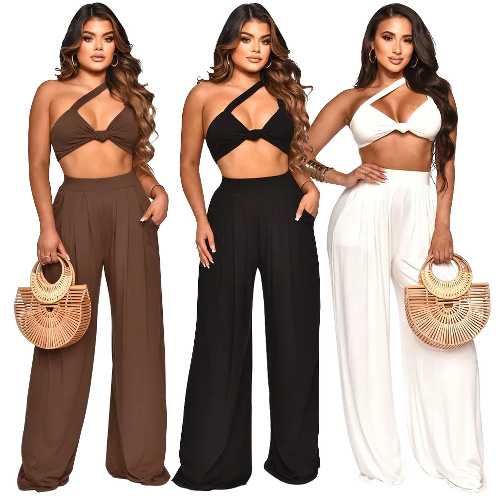 

K10157 Straight Hair Women's Diagonal Shoulder Sleeveless Solid Color Wide Leg Pants Set For Summer