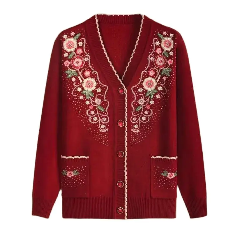 

Middle Aged Elderly Women's Embroidered Sweater New 2024 Spring Autumn Knitwear Coat Knitted Cardigan Casual Jacket Tops