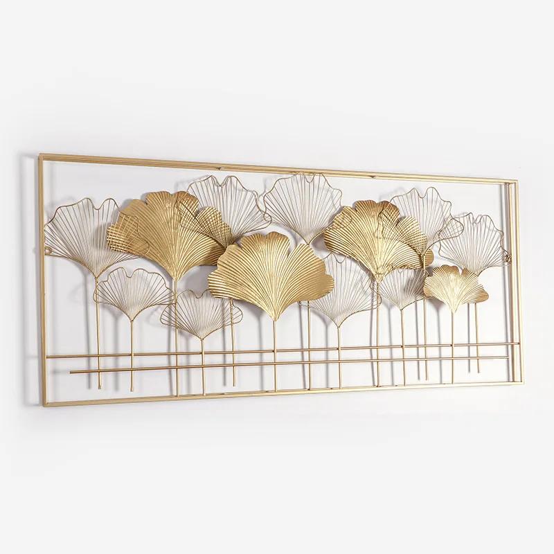 New Chinese style ginkgo biloba wall hanging living room background wall entrance metal wall decoration wrought iron pendant wit