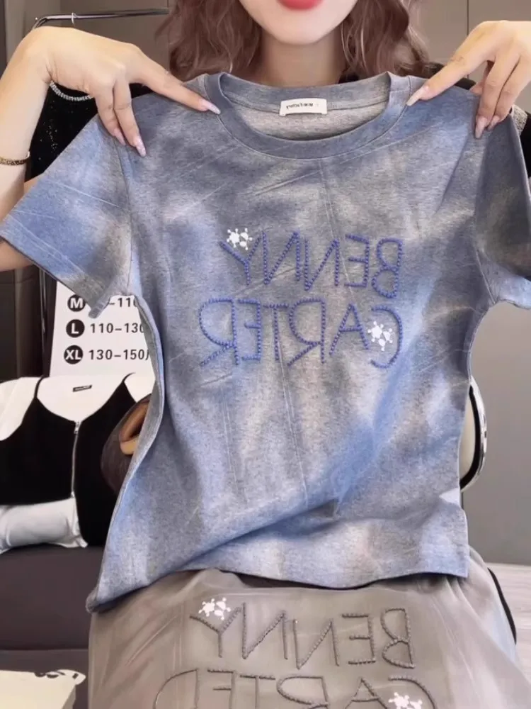 T-shirt Estiva Blu per Donna con Ricamo Glitterato, Top Tie-Dye Stile Coreano, Vestibilità Ampia con Collo Tondo