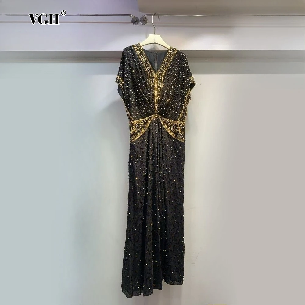 

VGH Luxury Evening Plus Size Dress for Women V Neck Short Sleeve High Waist Patchwork Sequins Formale Dresses Female Clothing