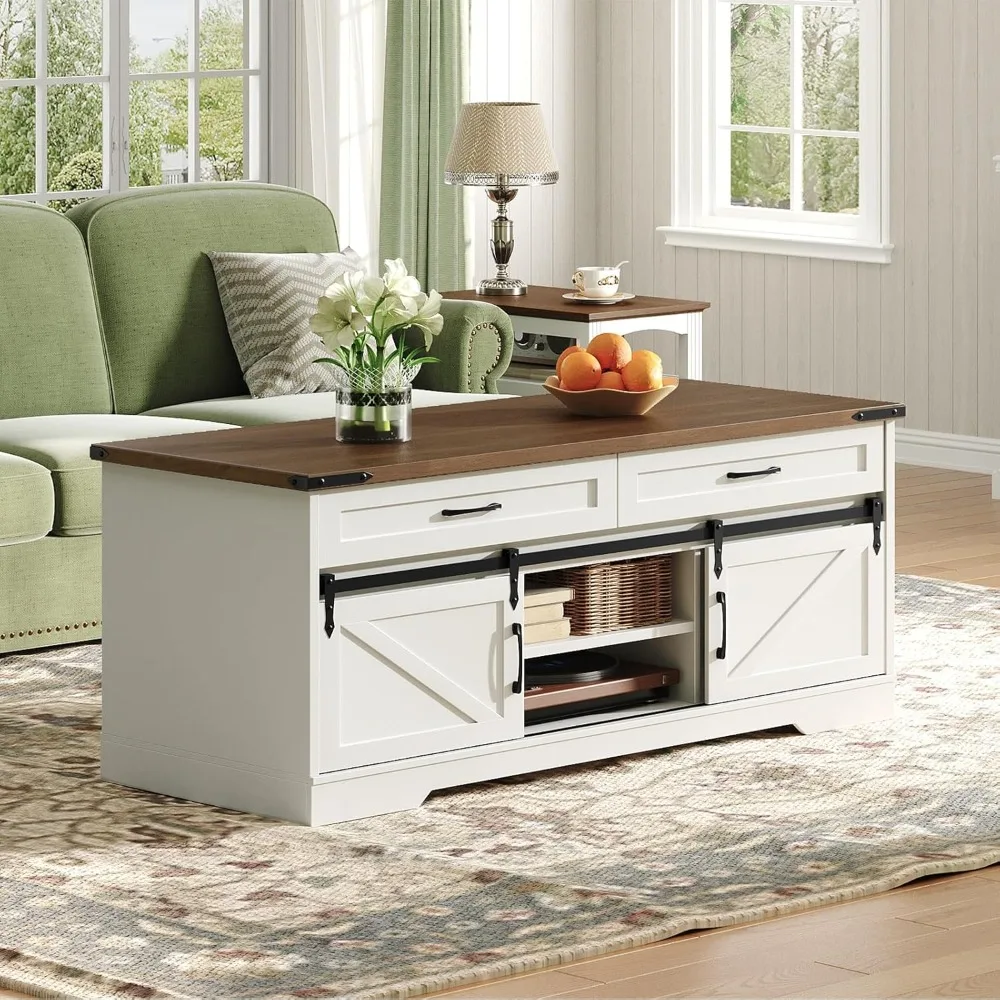 47" Farmhouse Coffee Table with Storage and Sliding Barn Doors, Large Rustic Center Table with 2 Drawers & Open Compartments