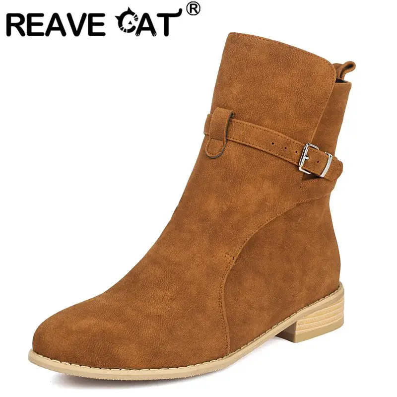 

REAVE CAT 2025 Women's Leisure Ankle Boots Round Toe Flat Slip On Belt Buckle Flock Suede Plus Size 43 48 49 50 Soft Booties