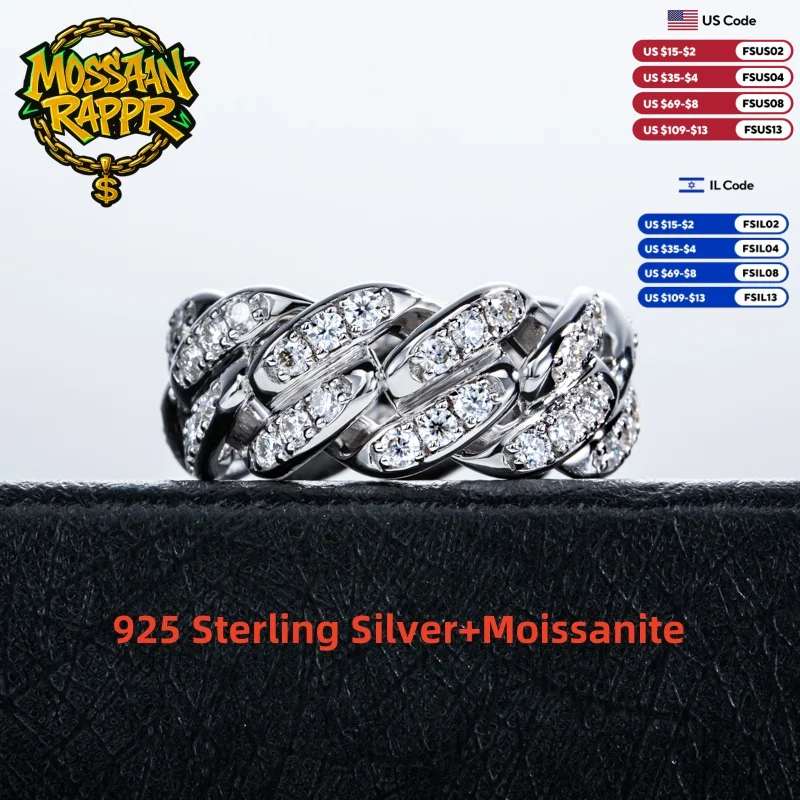 

MossanRappr 1.2/1.5/2.0mm Moissanite Iced Out Cuban Rings for Men Women 925 Sterling Silver Luxury Rock Hip Hop Jewelry Gifts