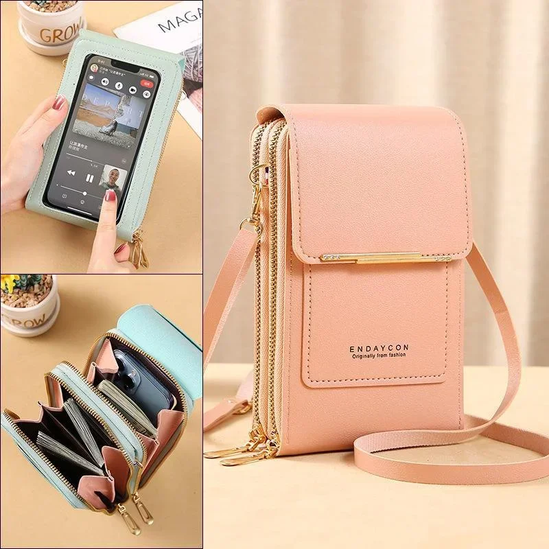 New Fashion Women Soft Leather Wallets Touch Screen Cell Phone Purse Crossbody Shoulder Strap Handbag Solid Color for Female