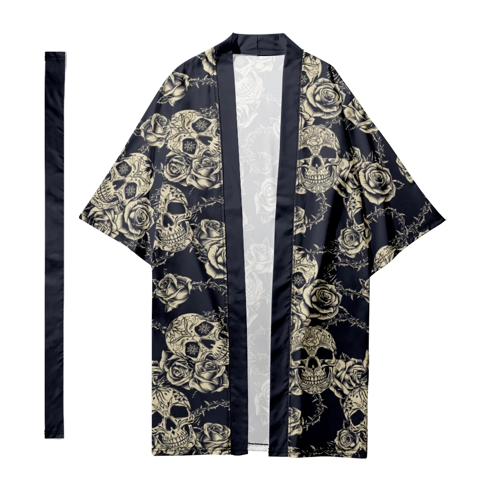 

Men's Japanese Traditional Skull Rose Pattern Stripes Long Kimono Cardigan Samurai Bathrobes Kimono Shirt Yukata Jacket