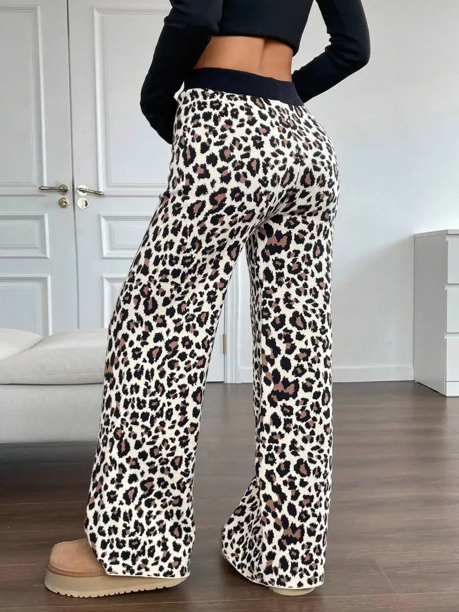 

Casual Leopard Print Wide Leg Knit Pants For Women Autumn Winter