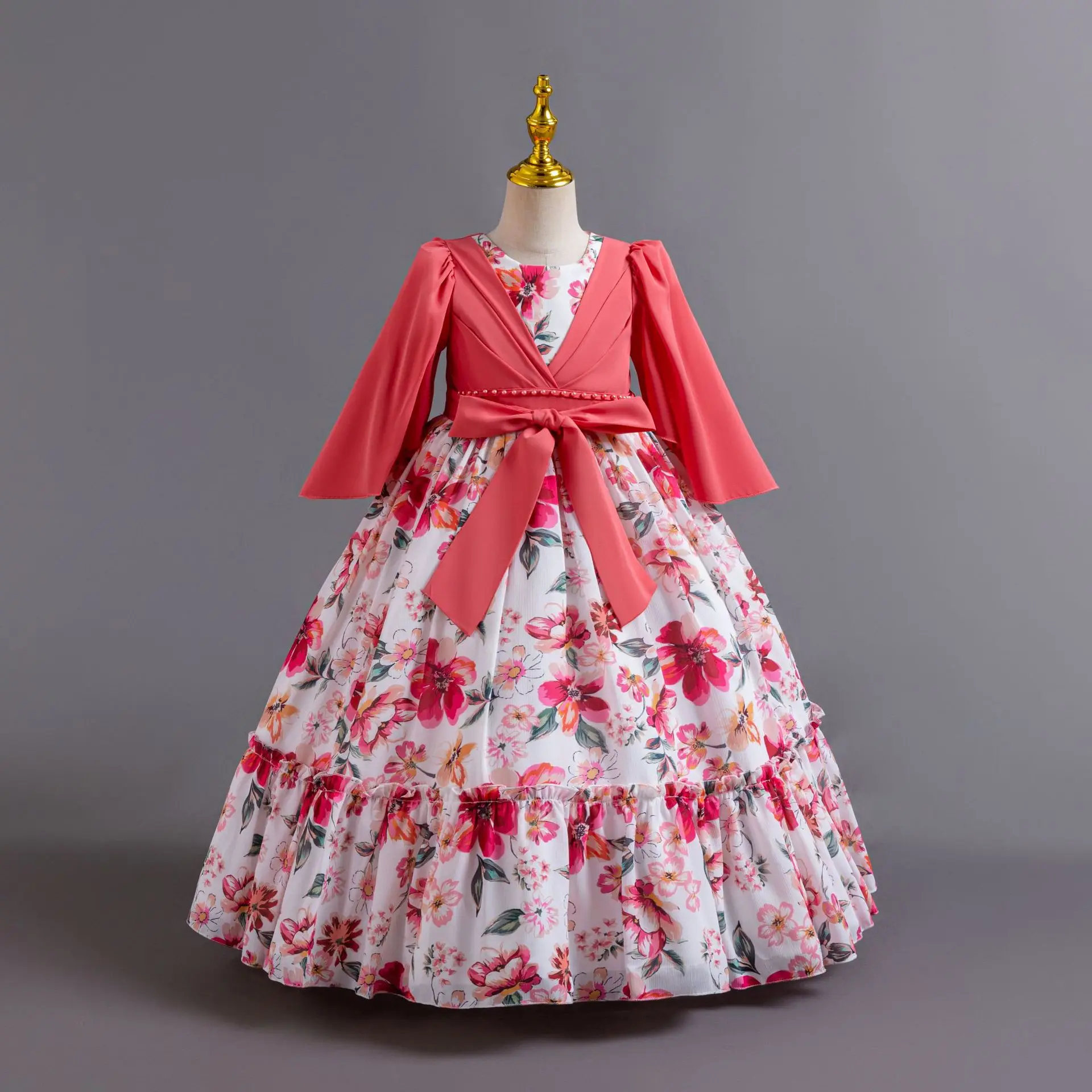 Robe de soirée en mousseline de soie pour petites filles, imprimé floral, pour mariage, fête d'anniversaire, reconstitution historique, AC135