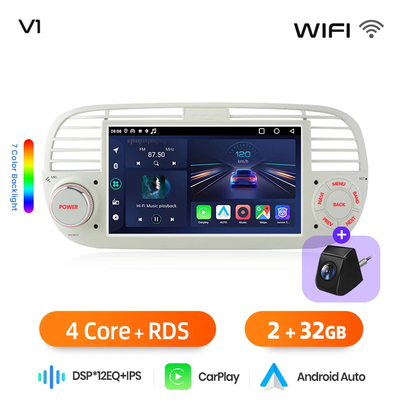 Junsun 7 inch draadloze CarPlay Android Auto autoradio voor Fiat 500 500C Abarth 2007-2015 Multimedia draadloze Apple CarPlay Smart Intelligent Systems IPS touchscreen stereo videospeler 2 Din