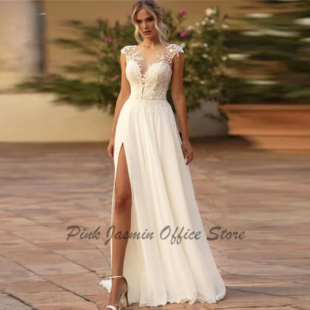 

Fashion Deep V Neck Wedding Dresses Cap Sleeves Front Slit Bridal Grown Applique A Line Illusion Button Vestido De Noiva 2024