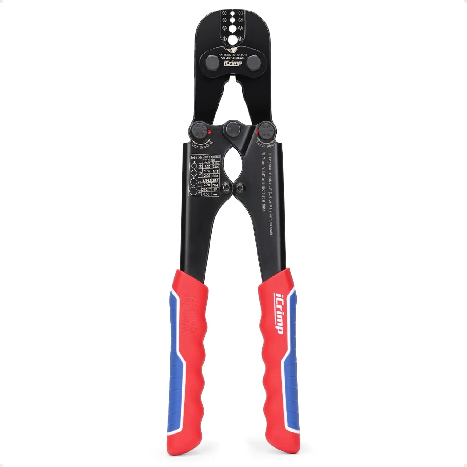 

Инструмент для обжима стальных тросов с функцией резки для алюминиевых втулок, наконечников и петель диаметром от 3/64 до 1/8 дюйма