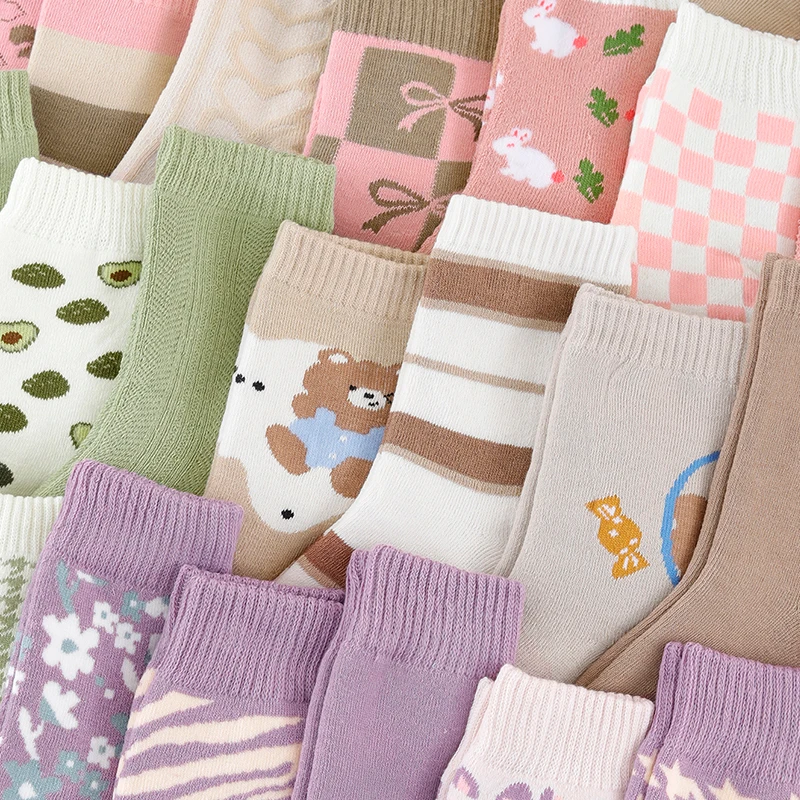 1/3/5/10/15 Pairs Random Women Autumn Winter Cute Sweet Cartoon Fruit Bow Letter Pattern Thick Fleece Lined Warm Mid‑Calf Socks