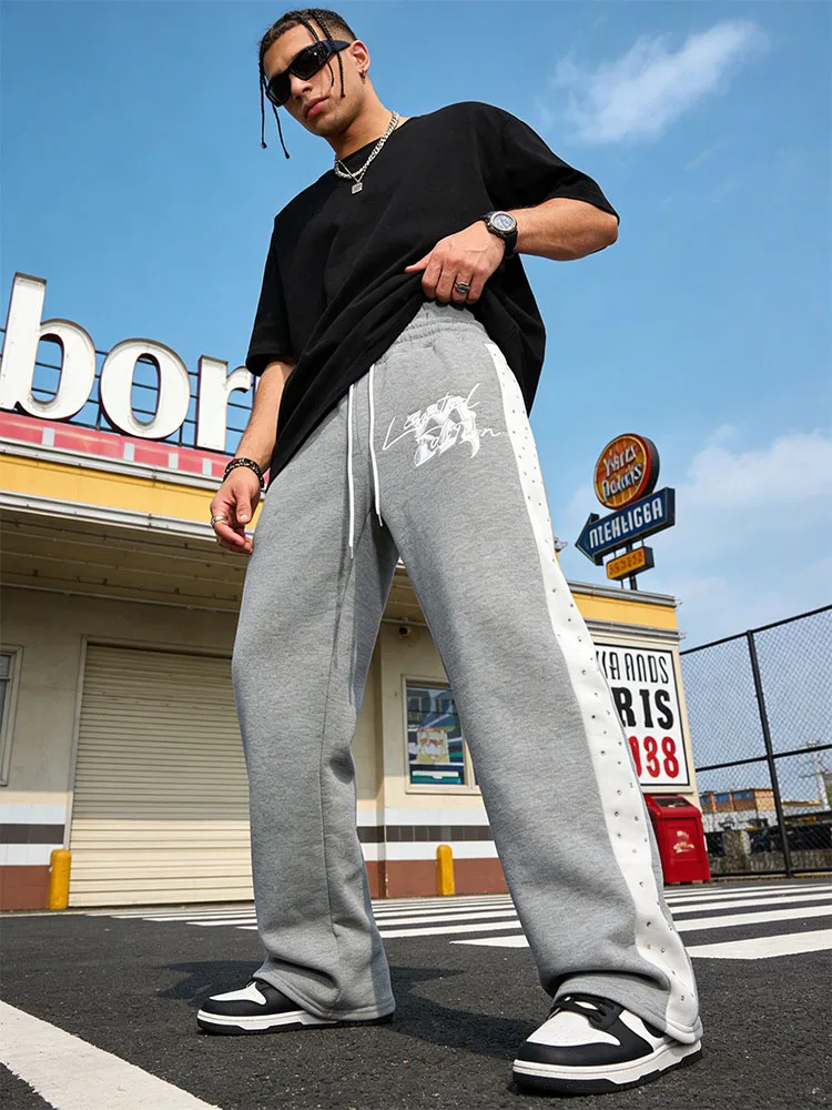 Unisex Y2K Flare Sweatpants Rhinestone Color Block Drawstring Casual Fleece Jogger Pants Streetwear