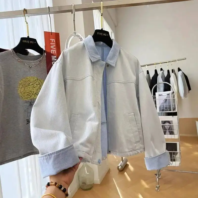 

Casual Denim Jacket Women's Spring Autumn New Style Patchwork Design Stand Collar Top Trendy Cotton Material Loose Fit