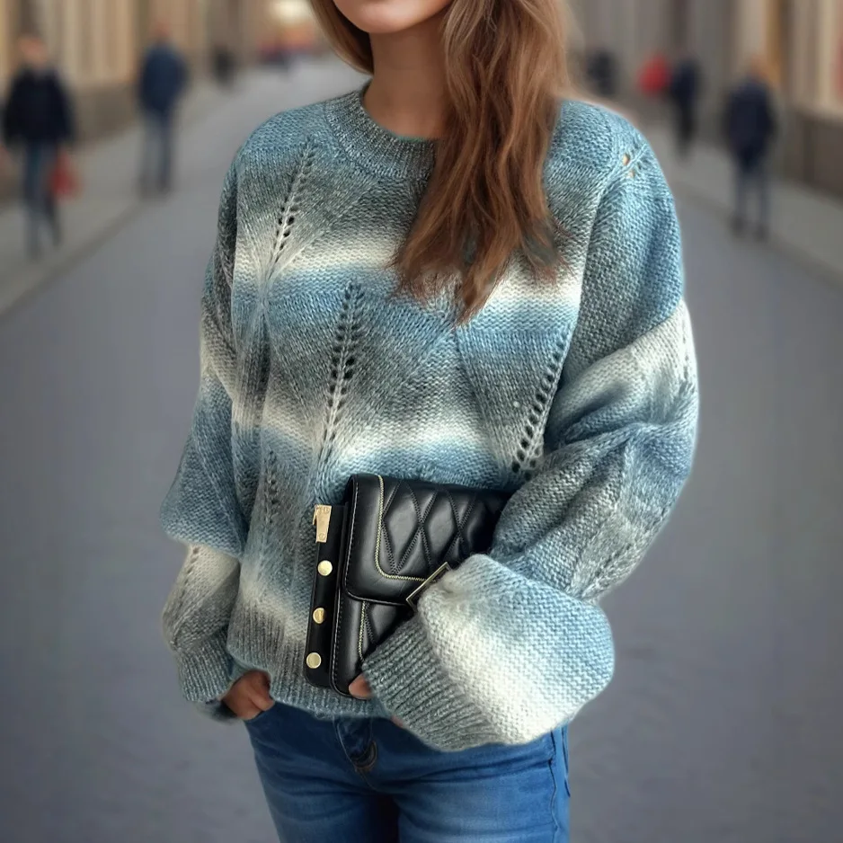 2025 Autumn and Winter New Lightweight Rainbow Gradient Hollow Knitted Round Neck Pullover Sweater for Women