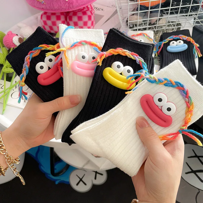 Funny Socks Pure Cotton Trendy Ugly Cute Big Mouth Yarn Braid DIY Mid Tube Socks Personalized Socks Fashionable For Kawaii Girls