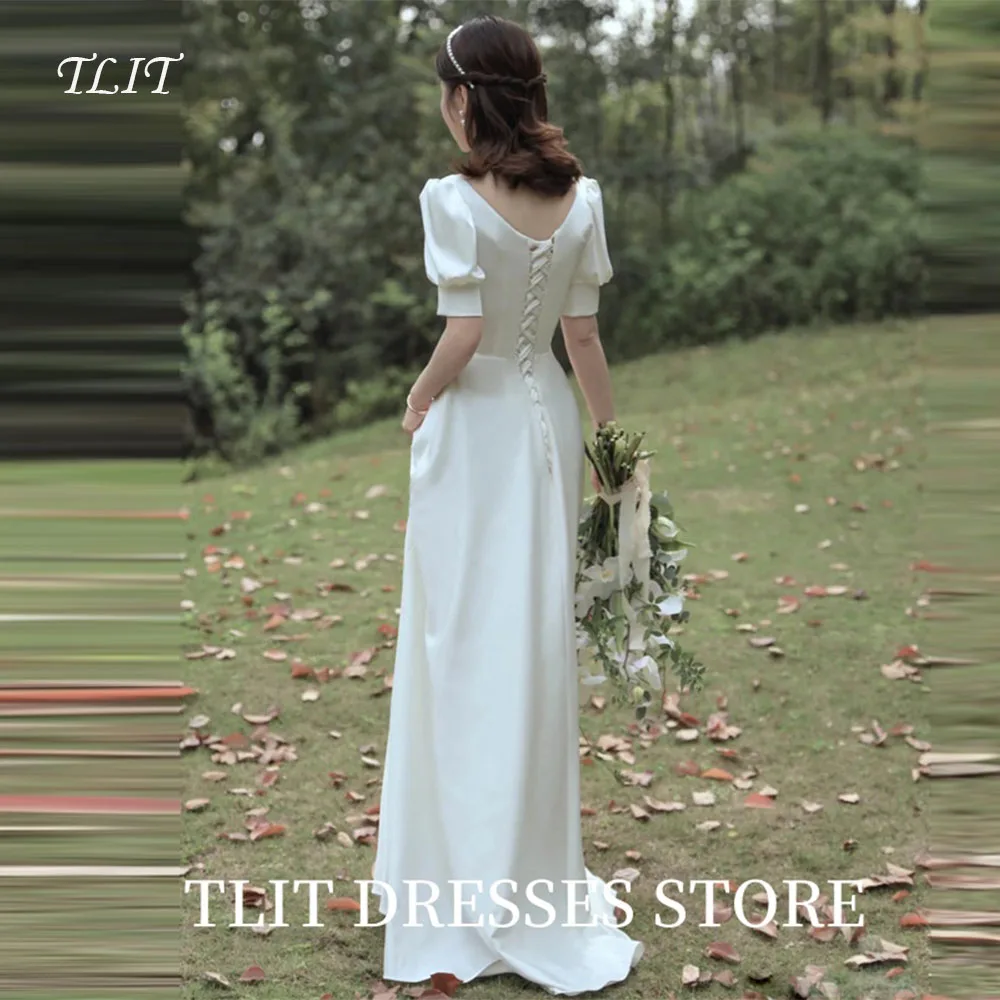 

TLIT Simple White Silk Satin A-Line Wedding Dresses Short Sleeves Bridal Gowns Korea Wedding Dresses Photo Shoot Corset 웨딩드레스