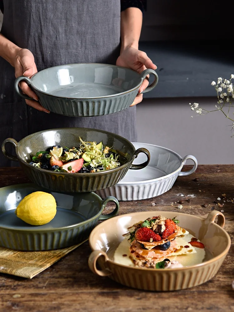 

Retro Japanese Sle Cerc Baking Di Deep Soup Plate Microwave Se Cheese Fried Rice Di Dual Ear Home Use Diware