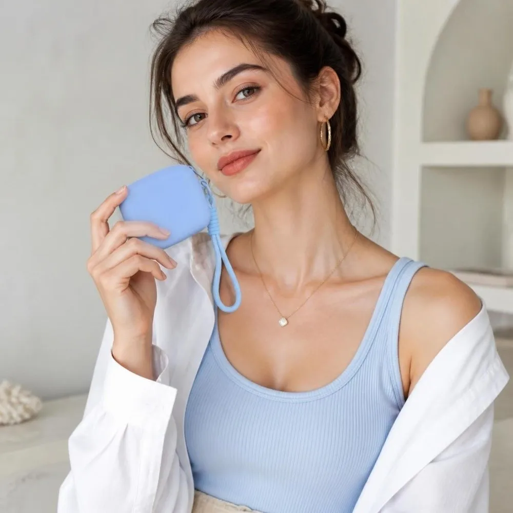 Portable Silicone Coin Purse Soft Waterproof Zipper Wallet with Lanyard Mini Data Cable Pouch Travel